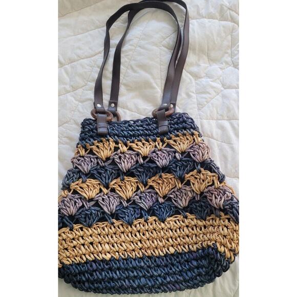 Woven Corn Husk Purse Handbag Tote Beach Straw Blue Tan 14x14 - Picture 1 of 9